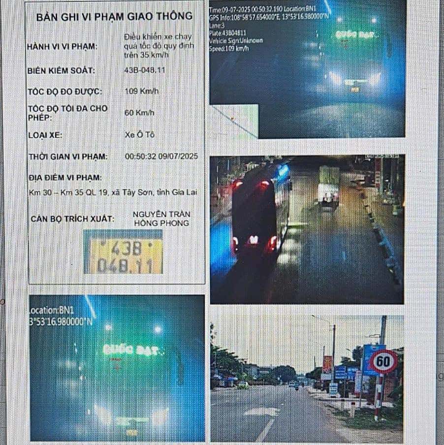 La policia de trafico de Gia Lai descubrio y manejo 2 casos mas alla de la velocidad del "marco de teatro" y 17 casos de cruzar la luz roja. Foto: Departamento de Policia de Trafico