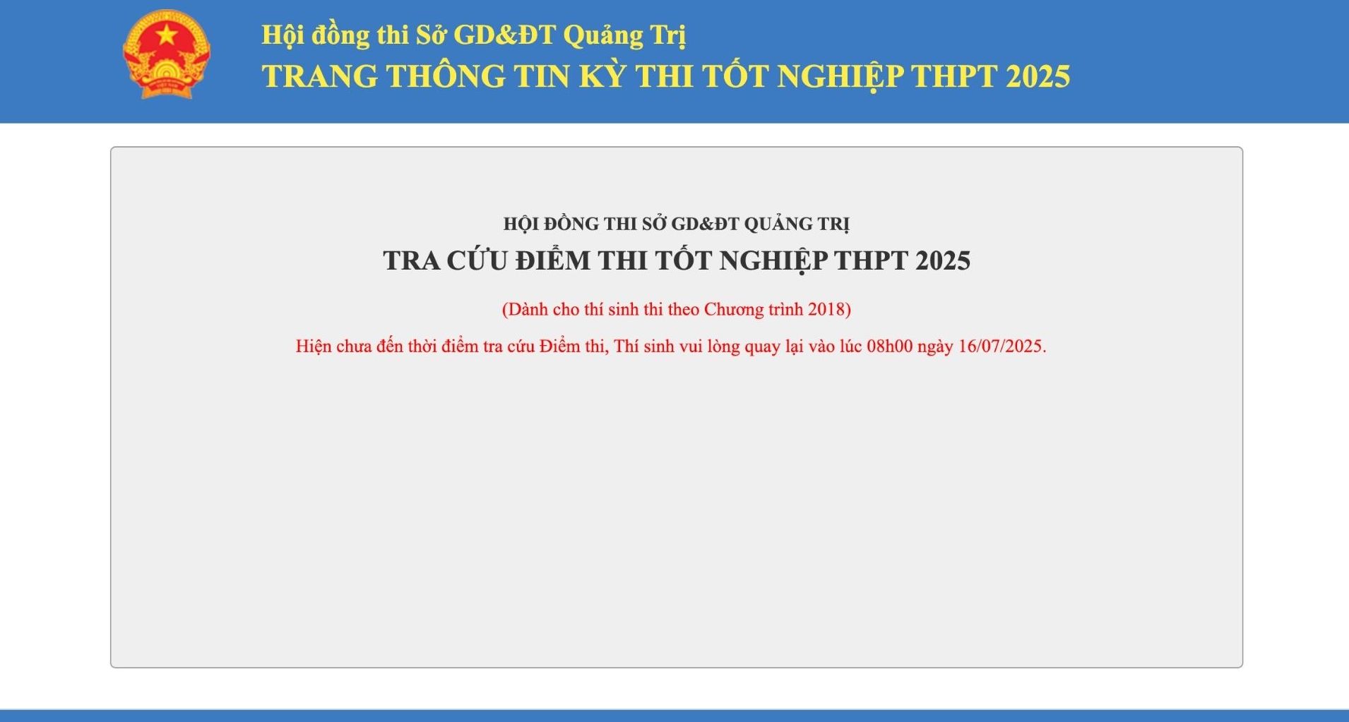 Giao dien website tra cuu diem thi tot nghiep THPT nam 2025 tai Quang Tri.