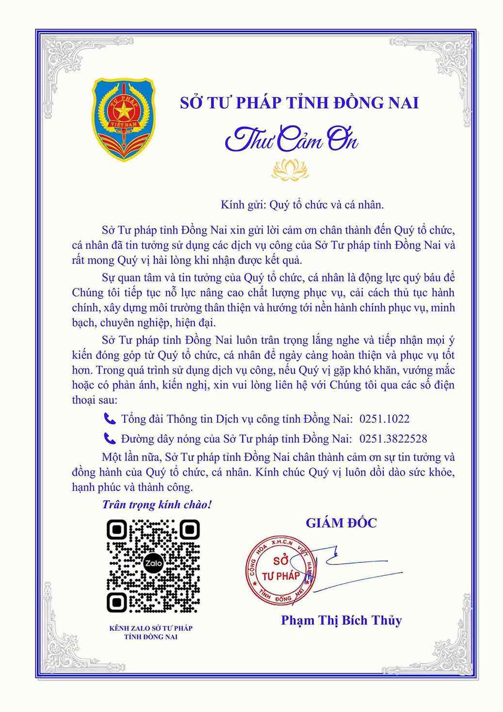 So Tu phap tinh Dong Nai cam on nguoi dan, doanh nghiep khi thuc hien dich vu cong. Anh: So tu phap tinh