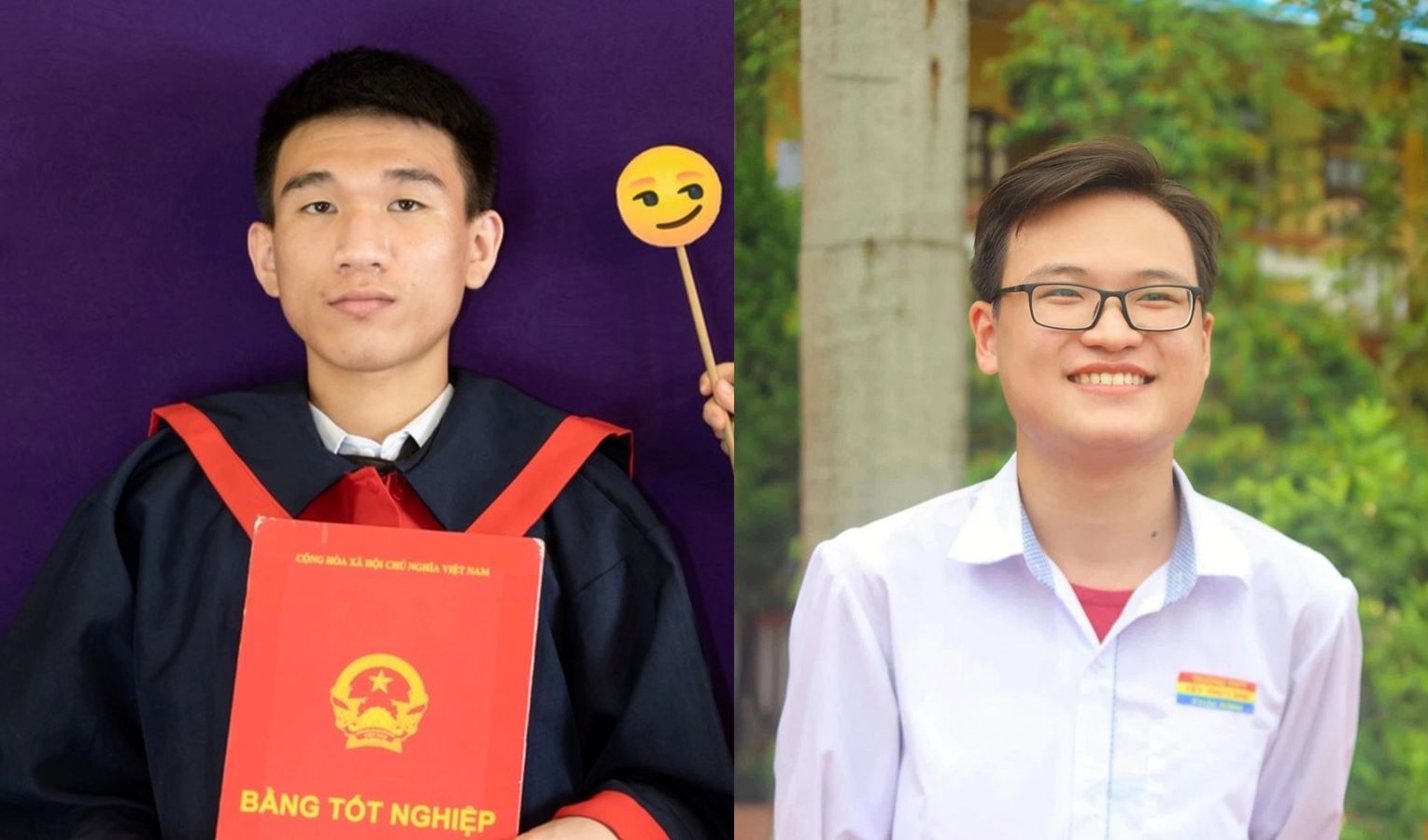 Nguyen Manh Hung (trai) va Vu Dinh Thai (phai) lan luot la thu khoa khoi A00 nam 2023 va 2024, den tu tinh Hung Yen (moi). Anh: Nhan vat cung cap