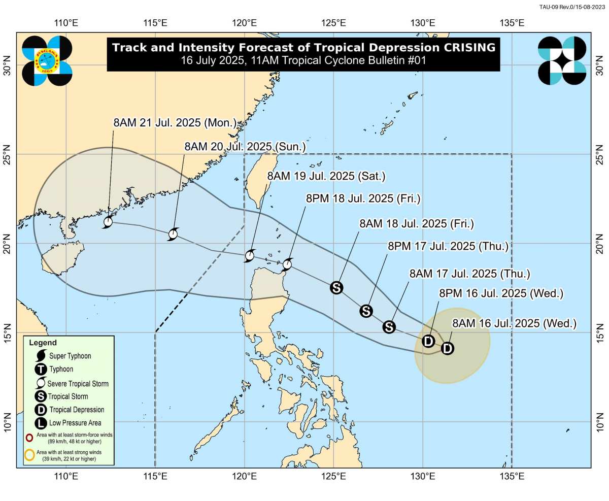 Pronostico del camino de depresion tropical/tifon crising a partir de febrero de 161.7.2025. Foto: Pagasa