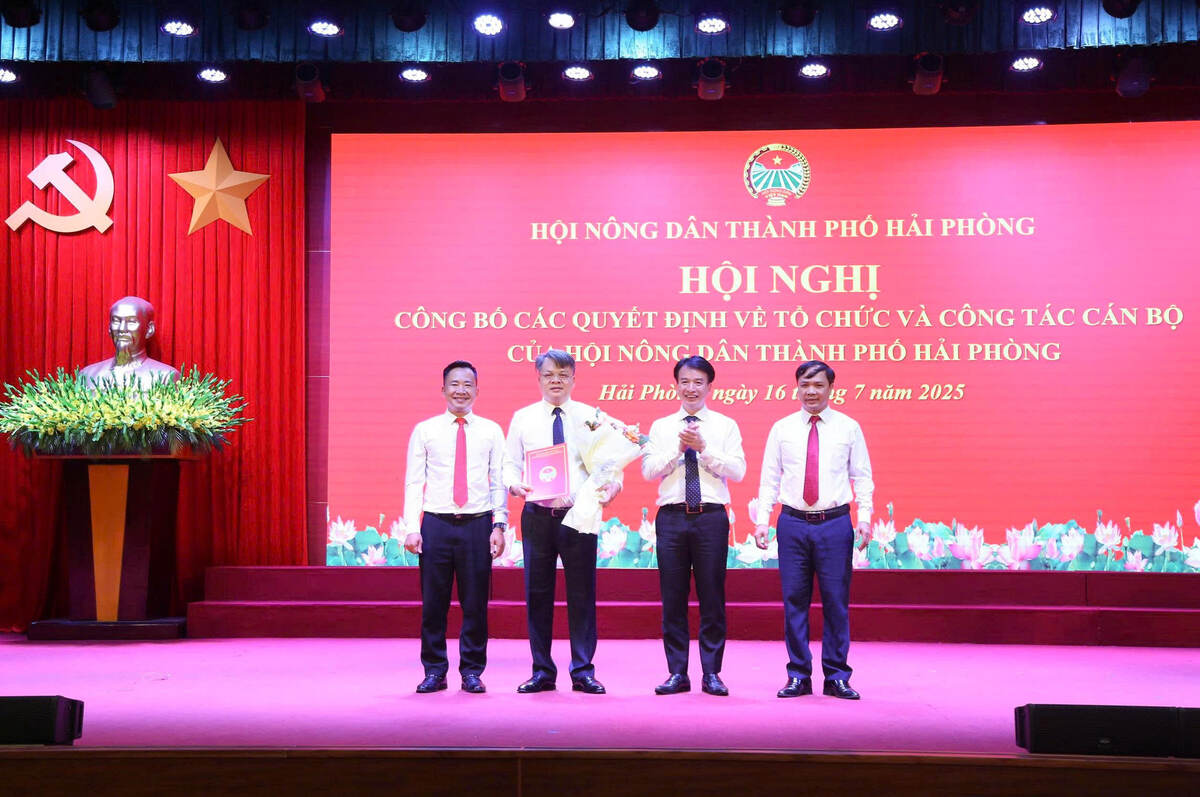 El vicepresidente del Comite del Frente de la Paterna de Vietnam, Nguyen Duc Tuan, otorgo la decision de consolidar el liderazgo de la Asociacion de Agricultores de la Ciudad. Foto: Hai Phong E -Portal