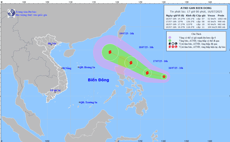 Updated at 5:00 p.m. on July 16 about the location and path of the tropical depression that is likely to strengthen into a storm. Photo: National Center for Hydro-Meteorological Forecasting