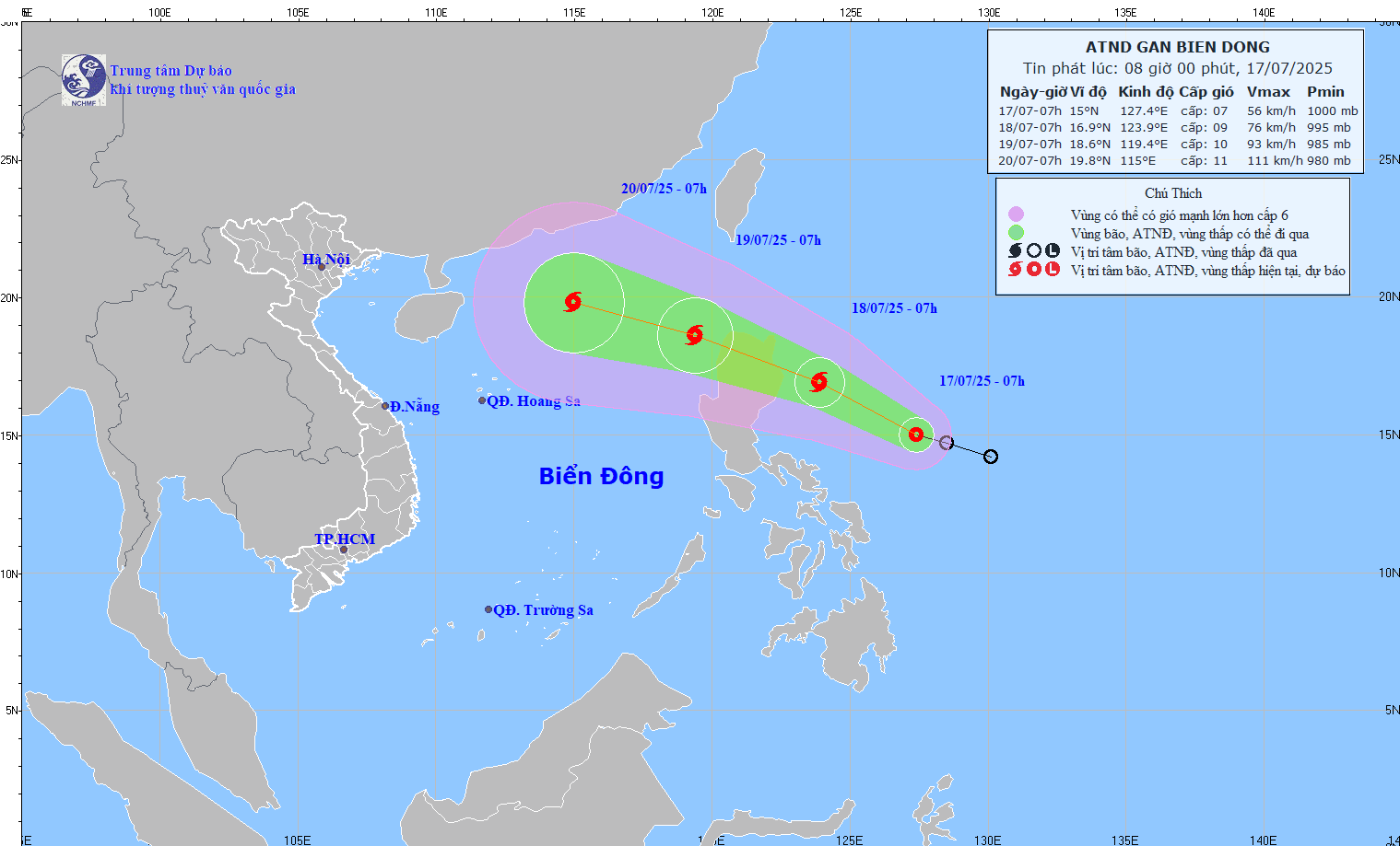 熱帯低気圧の位置と進路に関する7月17日午前8時の更新、台風に発達する可能性。写真:国立水文気象予報センター