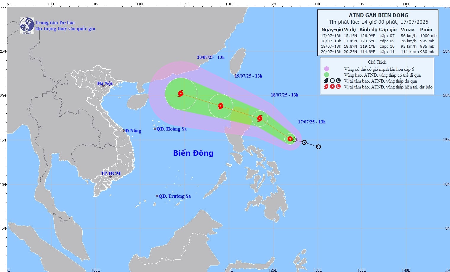 熱帯低気圧の位置と進路に関する7月17日午後2時の更新、台風に発達する可能性。写真:国立水文気象予報センター
