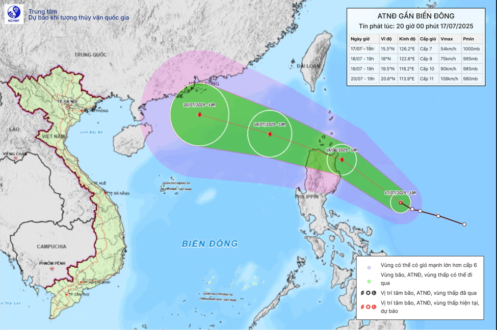 Forecast of the movement of storm No. 3 after making landfall in the Philippines and entering the East Sea. Photo: NCHMF