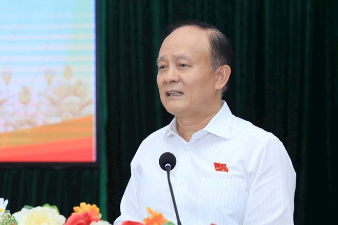 Chu tich HDND thanh pho Ha Noi Nguyen Ngoc Tuan phat bieu tai buoi tiep xuc cu tri sau ky hop thu 25, HDND thanh pho, nhiem ky 2021-2026, ngay 17.7. Anh: Hai Le
