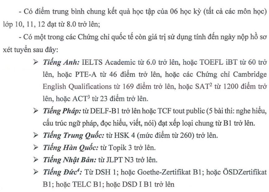 Quy dinh diem Chung chi ngoai ngu/Chung chi khao thi quoc te theo phuong thuc xet tuyen ket hop. Nguon: Hoc vien Ngoai giao
