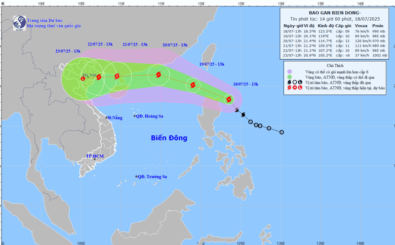 The location and path of Typhoon Wipha updated this afternoon, July 18. Photo: National Center for Hydro-Meteorological Forecasting