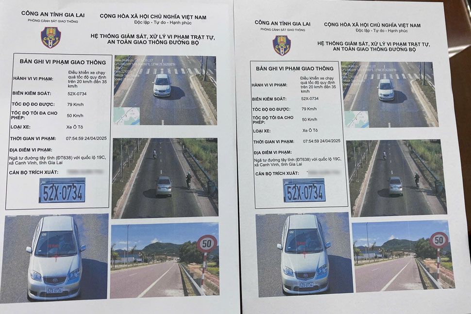 Las fotos violan la velocidad de los autos BKS 52X-0734. Foto: Departamento de Policia de Trafico de la Provincia de Gia Lai