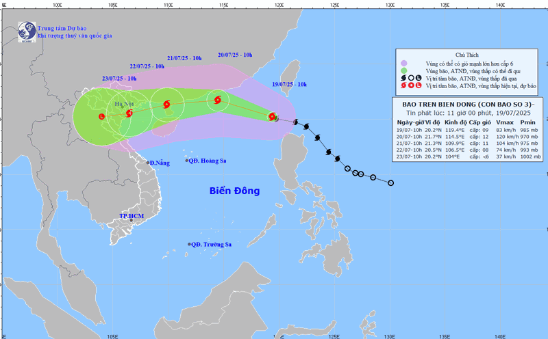 The location and path of Typhoon Wipha were updated at 11:00 on July 19. Photo: National Center for Hydro-Meteorological Forecasting