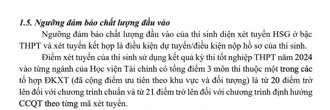 Nguong dam bao chat luong dau vao (diem san) Hoc vien Tai chinh nam 2024.