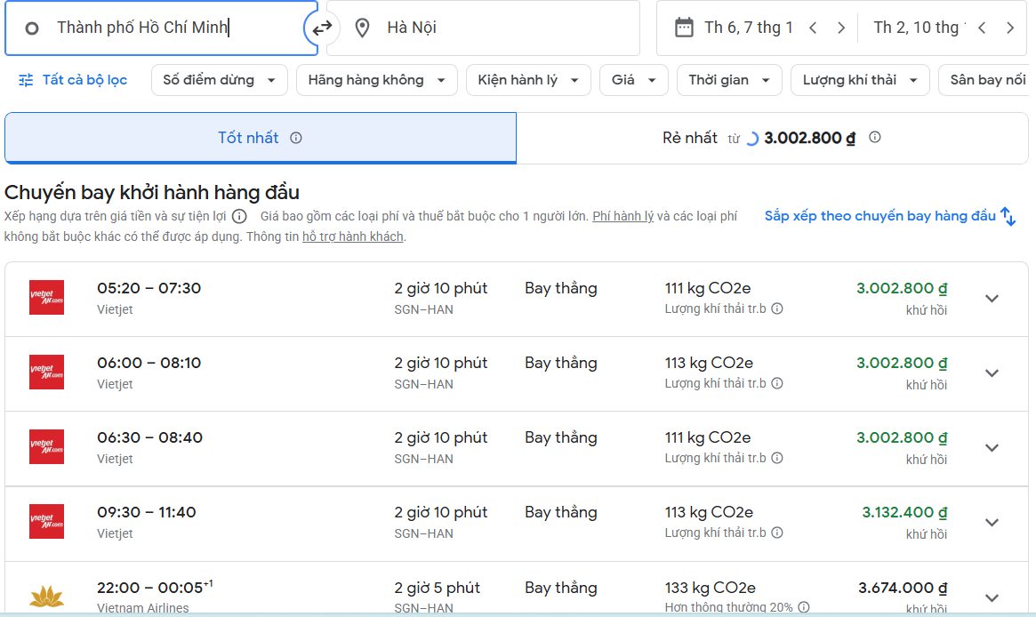 Theo khảo sát ngày 2.7, Giá vé máy bay TPHCM - Hà Nội ngày 7-10.1 thấp nhất 3 triệu đồng/người. Ảnh: Chí Long