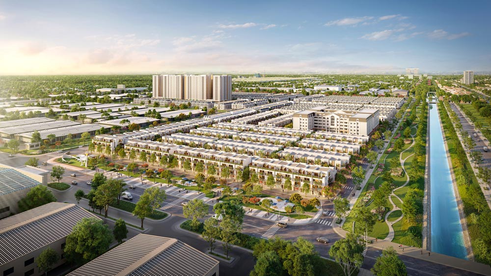Phoi canh tong the K-Home New City - do thi nha o xa hoi chuan Singapore dau tien tai Viet Nam; phia xa la khu can ho xanh K-Home Apartment.