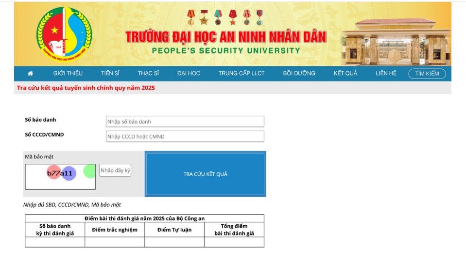 Giao dien website tra cuu ket qua diem thi ky thi danh gia cua Bo Cong an nam 2025 tai Truong Dai hoc An ninh nhan dan.