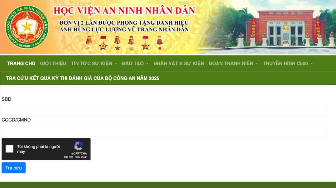 Giao dien website tra cuu ket qua diem thi bai thi danh gia cua Bo Cong an nam 2025 doi voi thi sinh du thi tai Hoi dong thi Hoc vien An ninh nhan dan.  