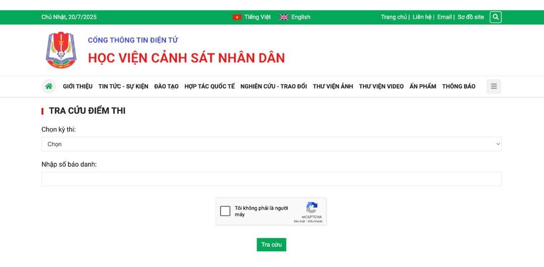 Giao dien website tra cuu ket qua bai thi danh gia cua Bo Cong an nam 2025 tai Hoc vien Canh sat nhan dan.