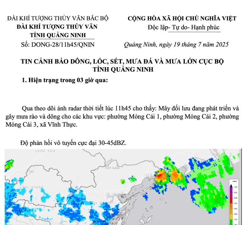 Ban tin canh bao hoi 11 gio 45 phut ngay 19.7. Nguon: Dai Khi tuong Thuy van tinh Quang Ninh