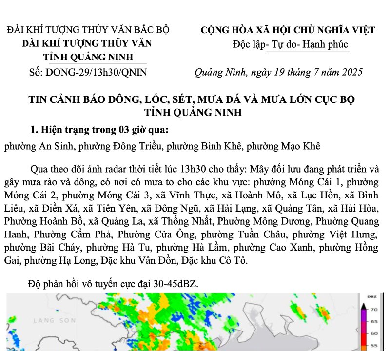 Ban tin canh bao hoi 13h30 ngay 19.7. Nguon: Dai Khi tuong Thuy van tinh Quang Ninh