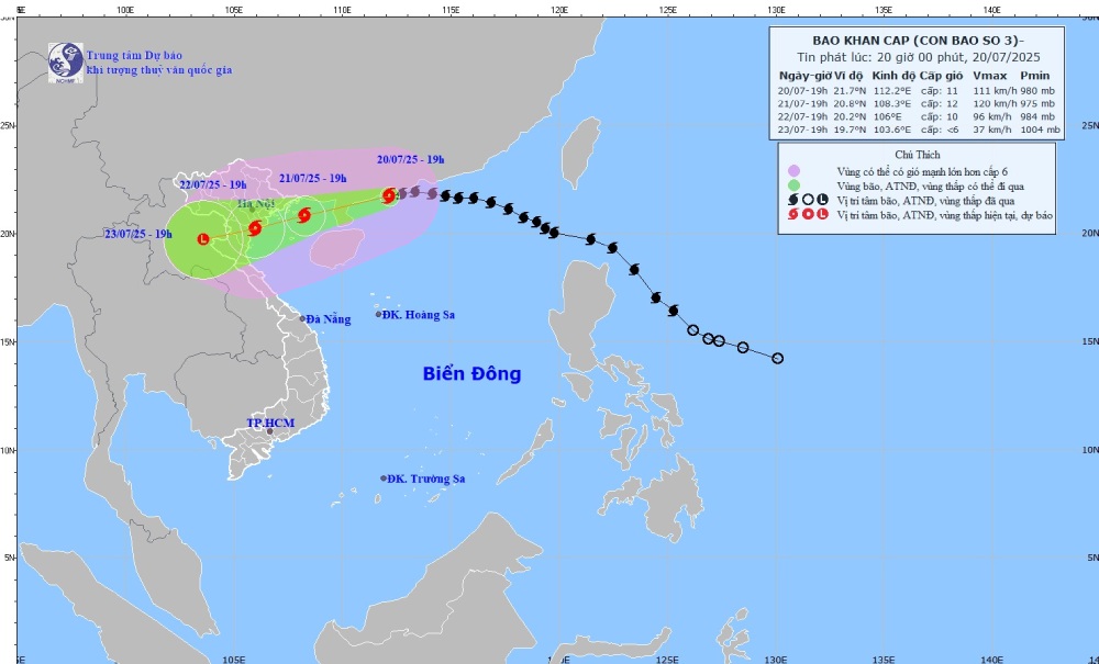 제3호 태풍은 7월 21일 저녁부터 북부 지방과 북중부 지방에 영향을 미쳐 강풍과 폭우를 일으킬 것으로 예상됩니다. 사진: 국립수문기상예보센터