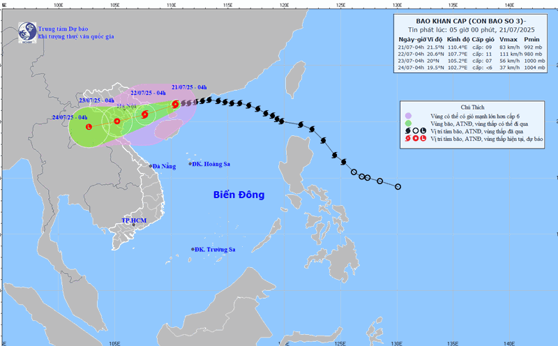 The location and path of Typhoon Wipha were updated at 5:00 a.m. on July 21. Photo: National Center for Hydro-Meteorological Forecasting
