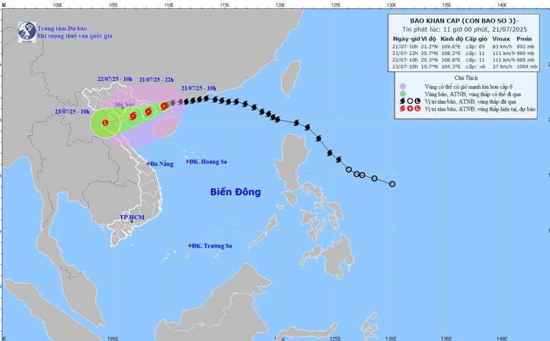 The location and path of Typhoon Wipha were updated at 11:00 on July 21. Photo: National Center for Hydro-Meteorological Forecasting
