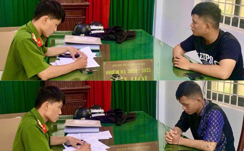 Đối tượng Lê Công Nhất Duy (phía trên) và Lê Minh Vũ tại cơ quan Công an phường An Nhơn Đông (Gia Lai). Ảnh: Công an