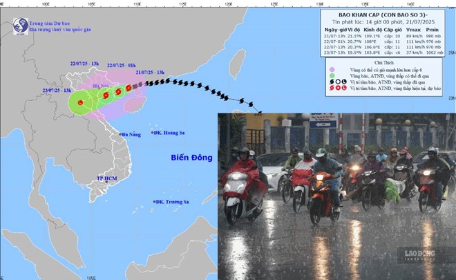 Bao so 3 Wipha se gay mua to hon tu chieu toi nay 21.7. Tren day la hinh anh vi tri va duong di cua bao Wipha cap nhat vao 14 gio ngay 21.7. Anh: Trung tam Du bao Khi tuong Thuy van Quoc gia