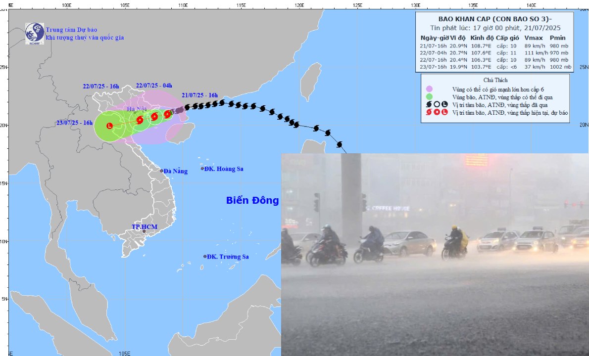 Storm No. 3 Wipha will cause heavier rain from the evening of July 21. Here is an image of the location and path of Typhoon Wipha updated at 5:00 p.m. on July 21. Photo: National Center for Hydro-Meteorological Forecasting