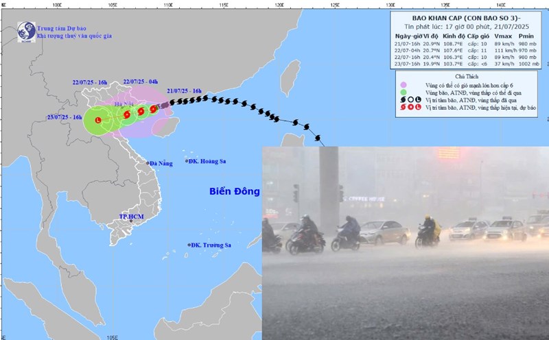 Storm No. 3 Wipha will cause heavier rain from the evening of July 21. Here is an image of the location and path of Typhoon Wipha updated at 5:00 p.m. on July 21. Photo: National Center for Hydro-Meteorological Forecasting
