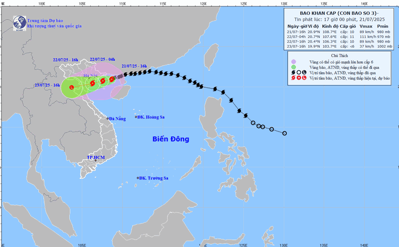 Forecast of the movement of storm No. 3 after making landfall in the Quang Ninh - Ninh Binh area. Photo: NCHMF