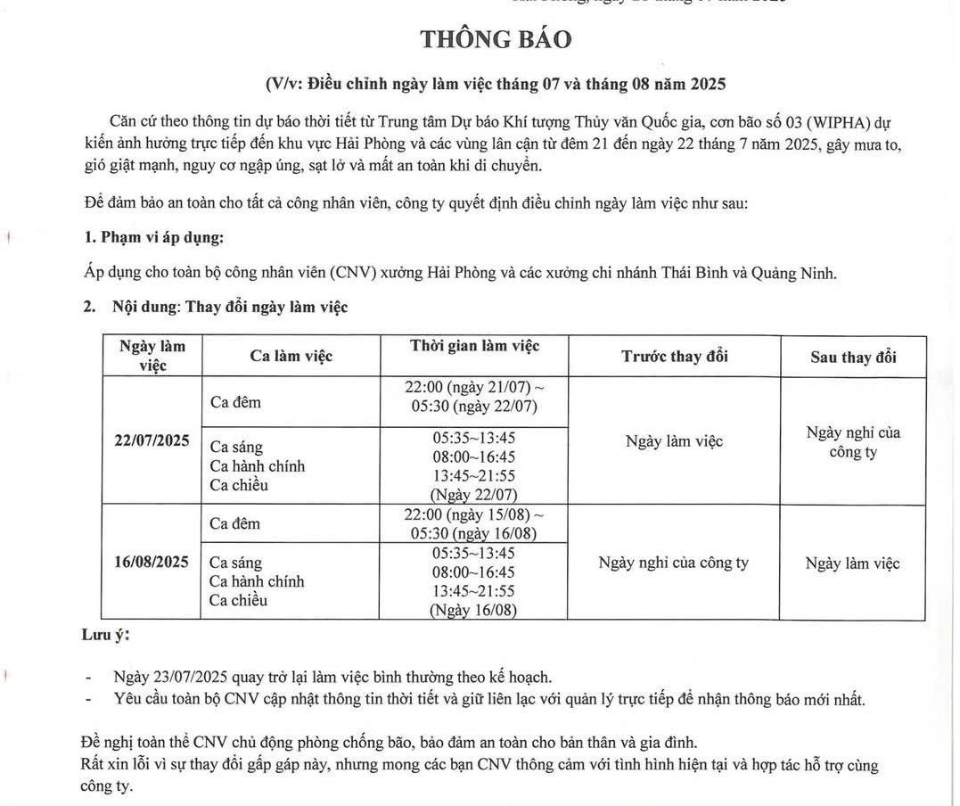ハイフォンのいくつかの企業は、台風3号Wiphaの影響で労働者に休暇を通知しています。写真:Bang Tam