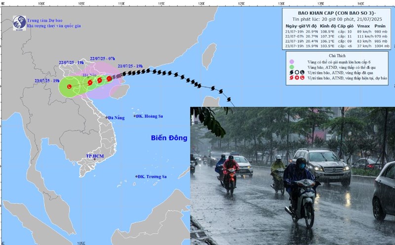 The location and path of storm No. 3 Wipha updated at 8:00 p.m. on July 21. Photo: National Center for Hydro-Meteorological Forecasting