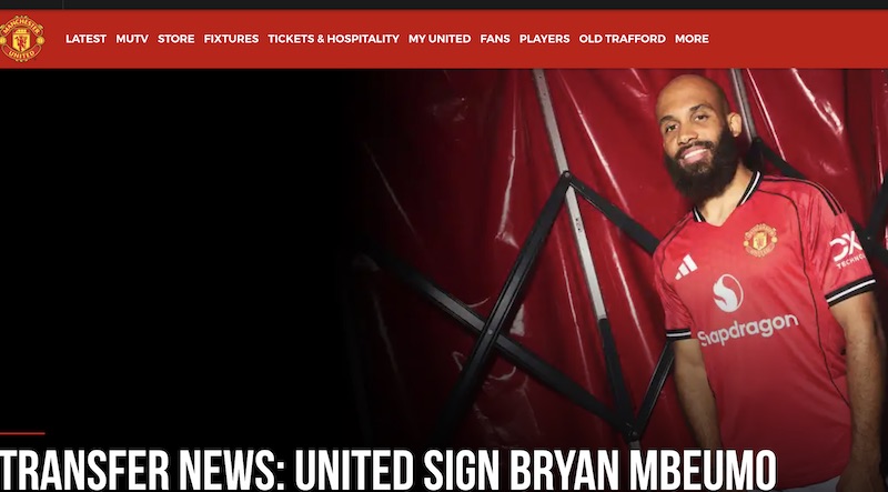 맨유 공식 홈페이지 공격수 브라이언 음베우모 발표.