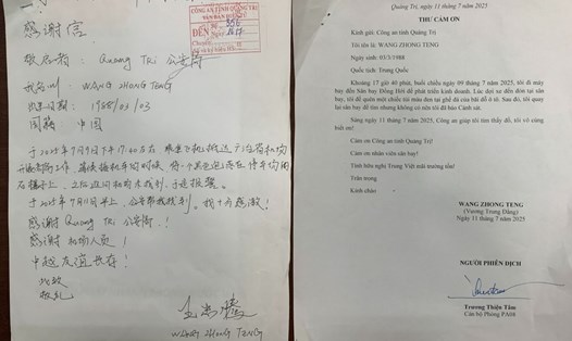Anh Wang Zhong Teng viết thư cảm ơn Công an Quảng Trị đã giúp anh sớm tìm lại được tài sản đánh rơi. Ảnh: Công an Quảng Trị