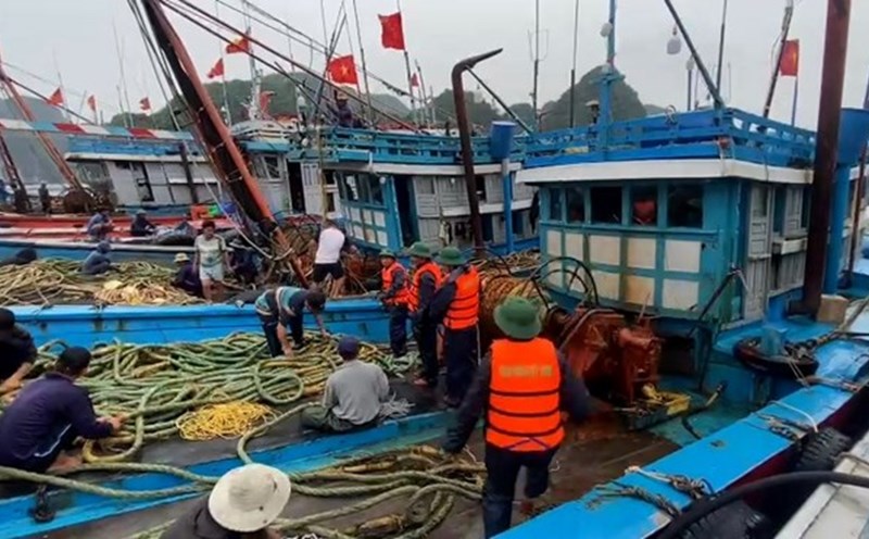 Border guards and fishermen tie up boats to respond to storm No. 3 (storm Wipha). Photo: Border Guard
