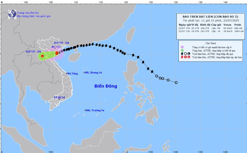 The location and path of storm No. 3 Wipha updated at 11:15 on July 22. Photo: National Center for Hydro-Meteorological Forecasting