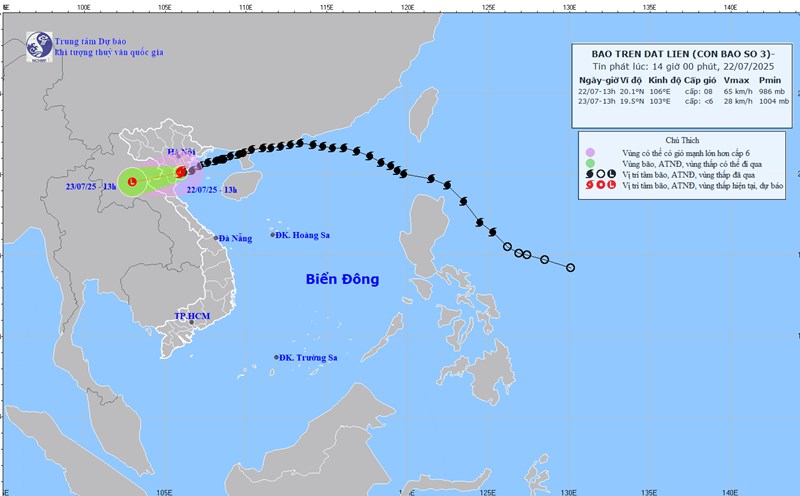 The location and path of storm No. 3 Wipha updated at 2:00 p.m. on July 22. Photo: National Center for Hydro-Meteorological Forecasting