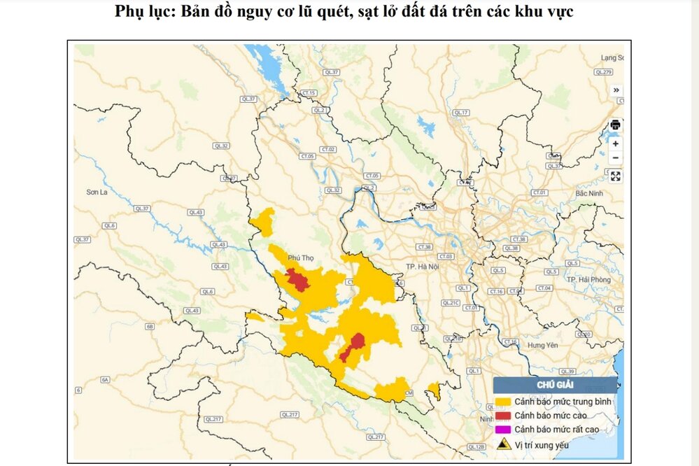 푸토성 지역의 산사태 토사 붕괴 위험 지도. 사진: 국립수문기상예보센터.