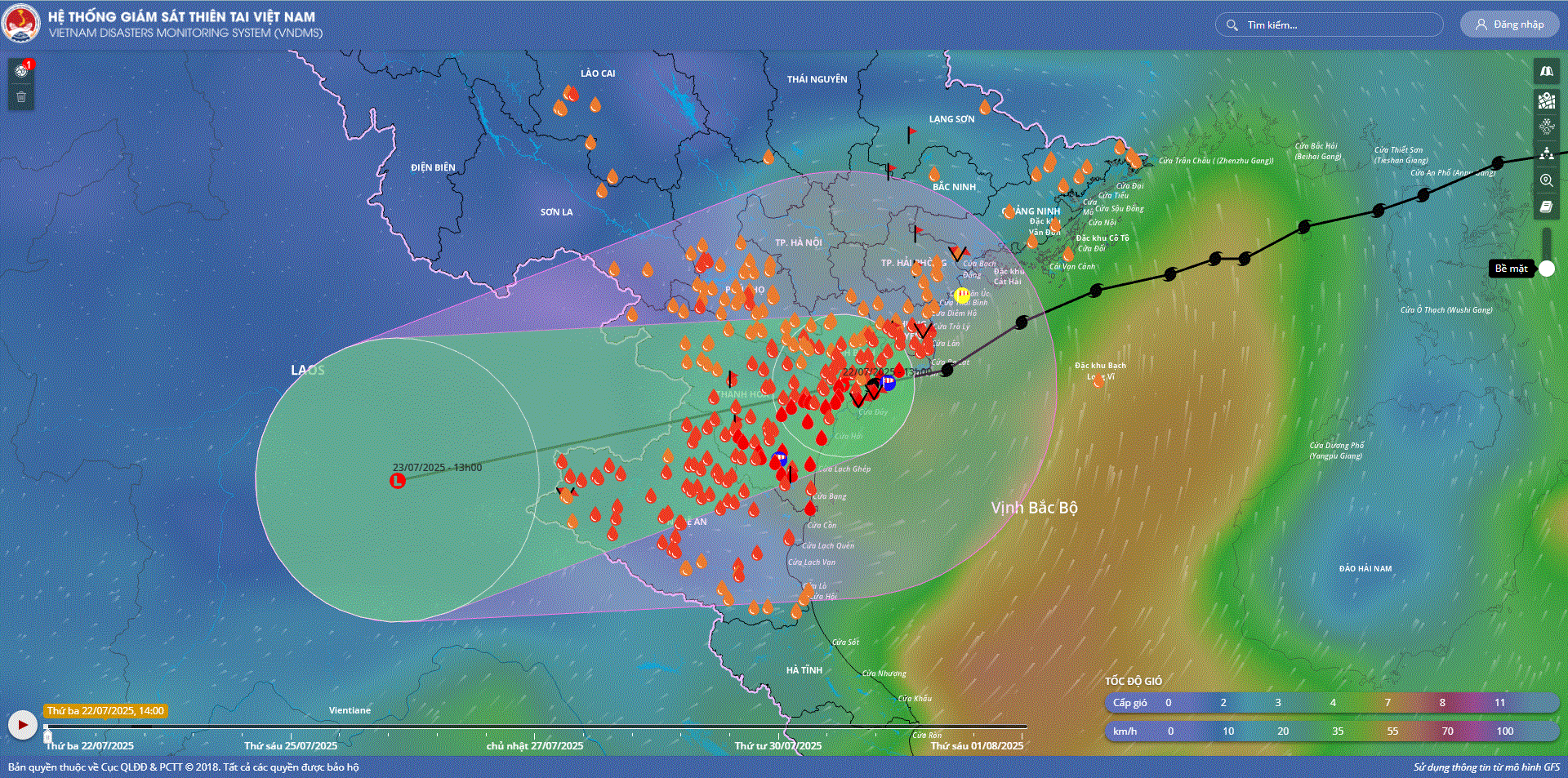 El mapa de desastre natural debido a la influencia de la tormenta No. 3 de la wipha se ha debilitado en la depresion tropical. Foto: Sistema de monitoreo de desastres naturales de Vietnam