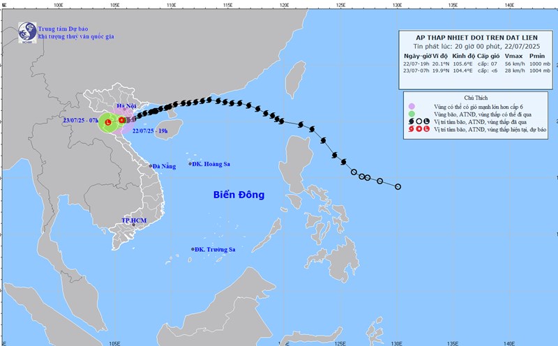 Updated at 8:00 p.m. on July 22 about the location and path of the tropical depression weakened by storm No. 3 Wipha. Photo: National Center for Hydro-Meteorological Forecasting
