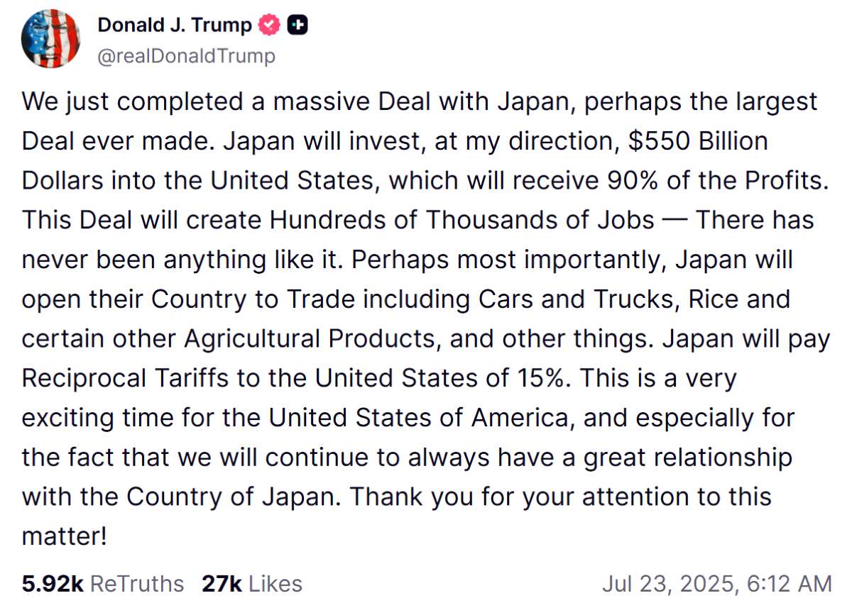El aviso del presidente de los Estados Unidos, Donald Trump, la verdad en linea sobre la tasa impositiva reciproca del 15% con Japon