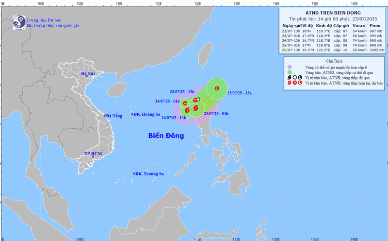 Updated at 2:00 p.m. on July 23 about the location and path of the tropical depression that is likely to strengthen into a storm. Photo: National Center for Hydro-Meteorological Forecasting