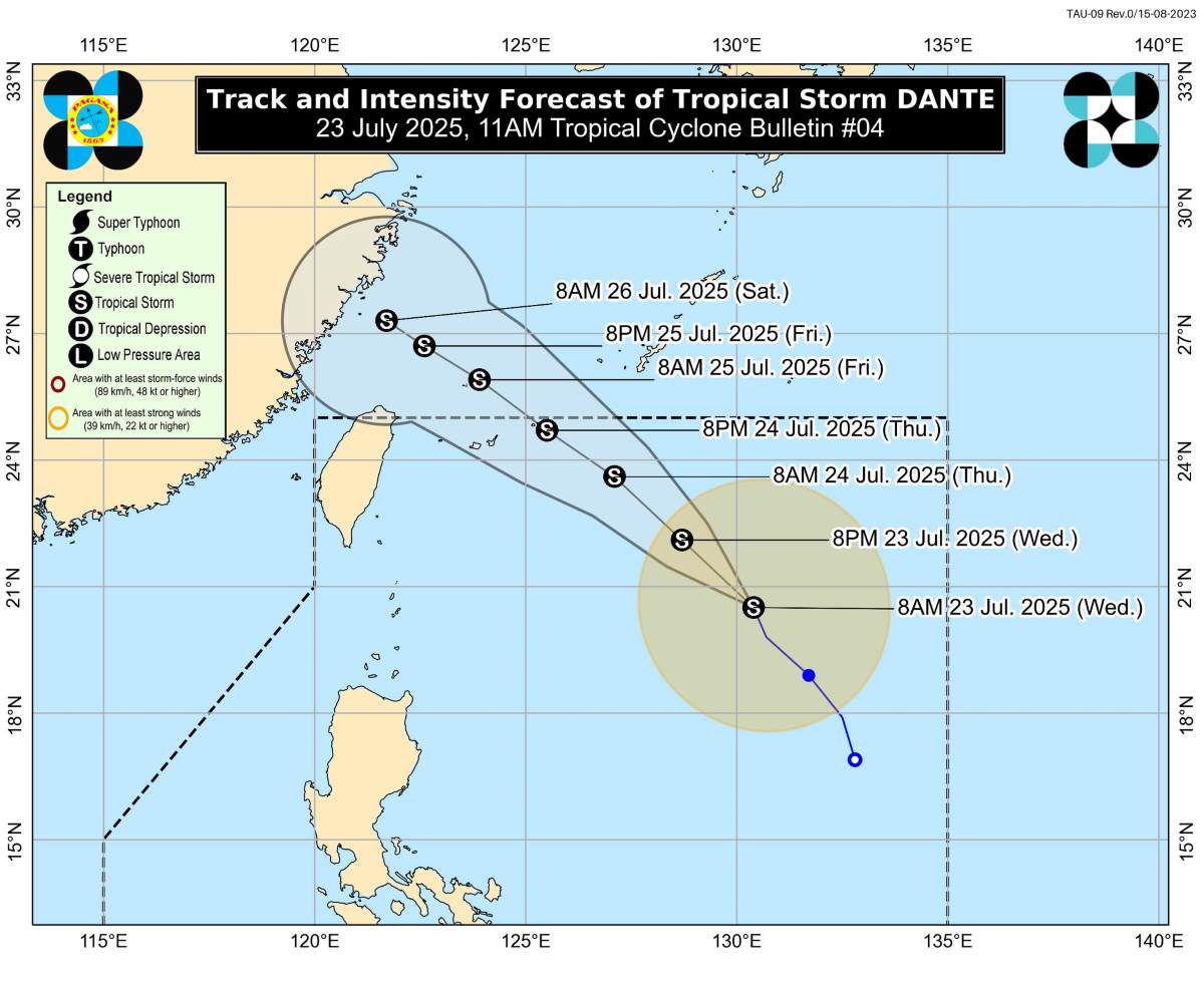 Dự báo đường đi của bão Dante. Ảnh: PAGASA