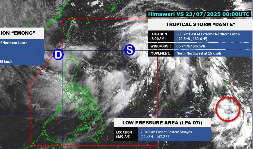 Áp thấp nhiệt đới Emong, bão Dante và áp thấp ngày 23.7.2025. Ảnh: PAGASA