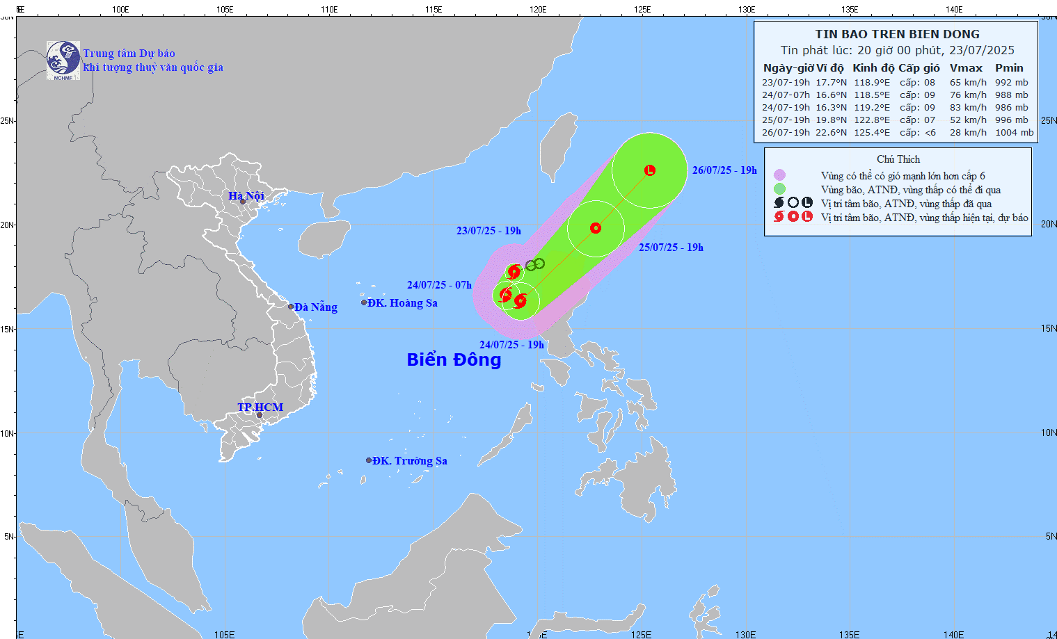 Mise a jour a 20 heures le 23 juillet sur la position et la trajectoire de la tempete n° 4. Photo : Centre national de previsions hydrometeorologiques