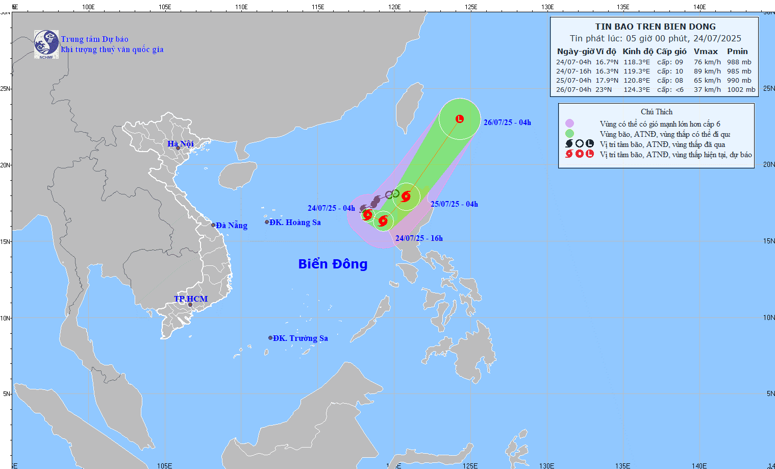 7月24日午前5時の台風4号コメイの位置と進路に関する最新情報。写真:国立水文気象予報センター