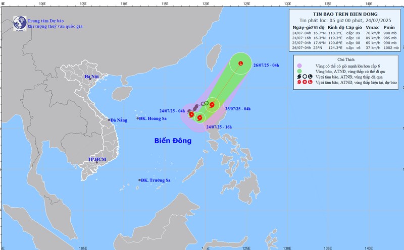 Updated at 5:00 a.m. on July 24 on the location and path of storm No. 4 Comay. Photo: National Center for Hydro-Meteorological Forecasting