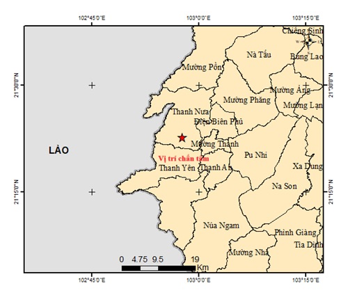 Ban do chan tam dong dat xay ra tai xa Thanh Nua, tinh Dien Bien. Anh: Trung tam Bao tin dong dat va canh bao song than