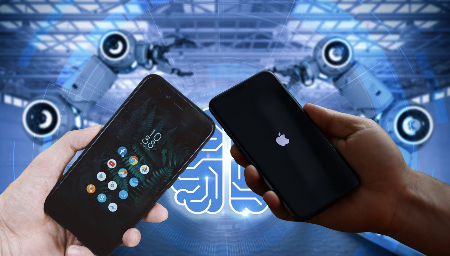 Encontremos una manera de llevar a alguien al usuario a traves de su sistema operativo de telefonos inteligentes, pero dos Big Apple y Google han elegido dos rutas tecnologicas diferentes. Grafico: ANH VU